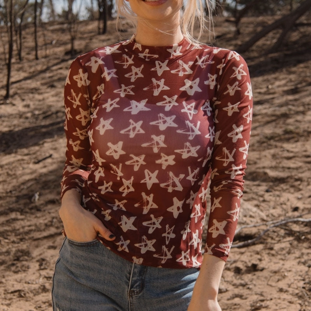 Star Patterned Long Sleeve Mesh Top